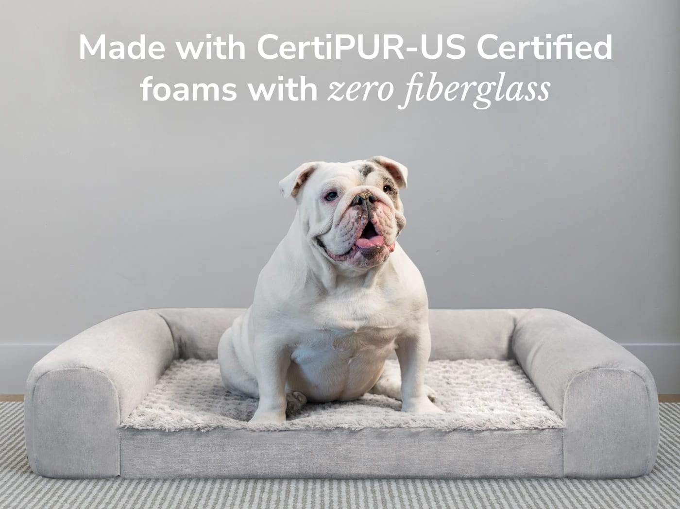 A rendered image of the Helix Dog Bed with a callout to the certipur certified foams and zero fiberglass