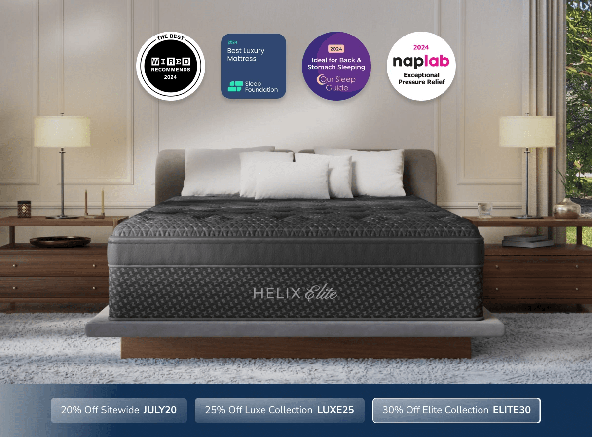 An image of the Helix Elite mattress with a callout to save 30% on Elite mattresses with code ELITE30