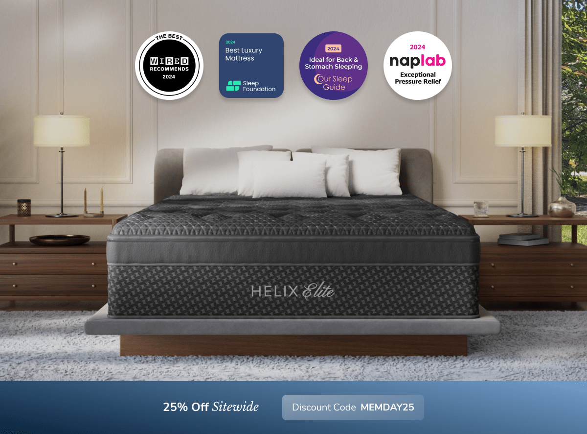 A rendered image showing the Helix Elite mattress with a callout to save 25% sitewide using code MEMDAY25