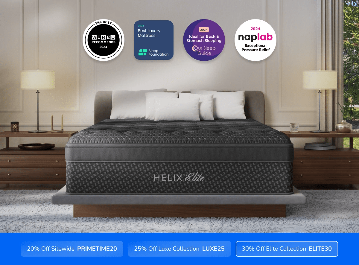 A rendered image of the Helix Elite mattress with a callout to save 30% on your mattress using code ELITE30