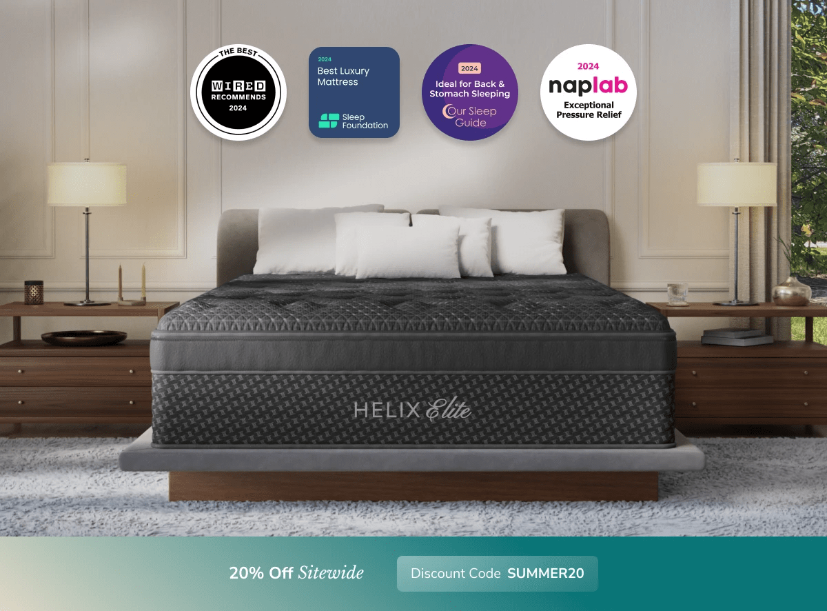 An image of the Helix Luxe mattress in a bedroom scene with a callout to 20% off your order using code SUMMER20