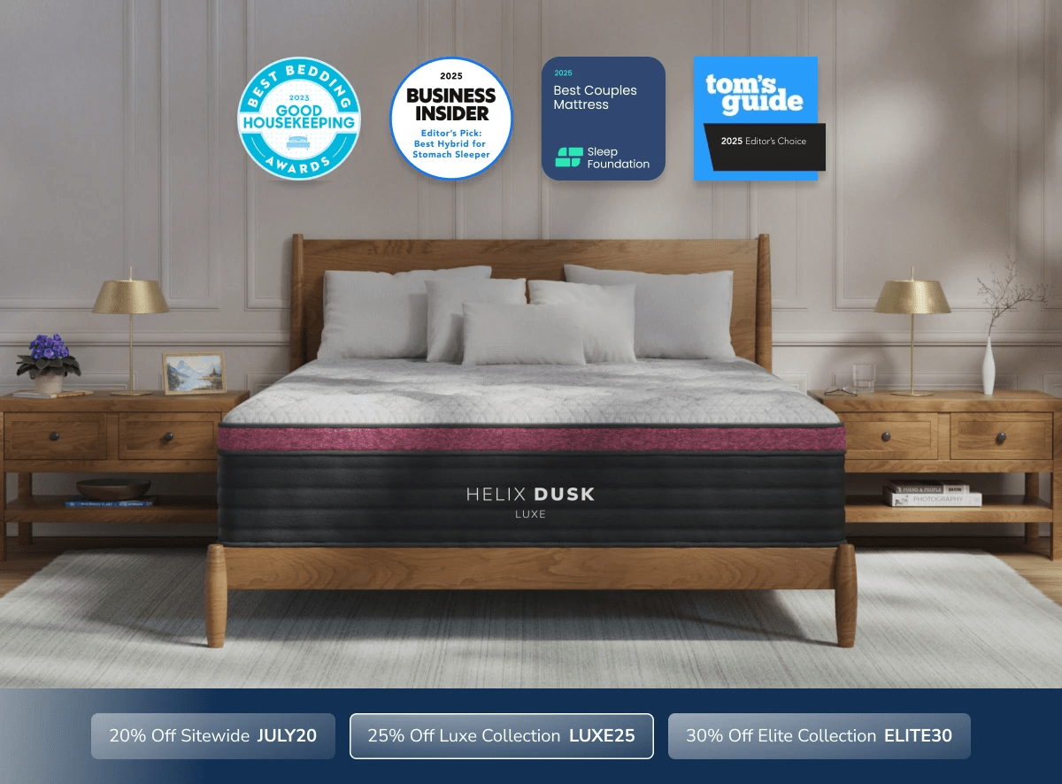 An image of the Helix Luxe mattress with a callout to save 25% on Luxe mattresses using code LUXE25