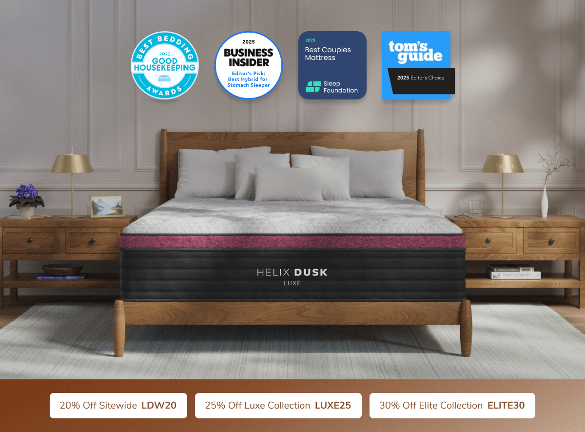 A rendered image of the Helix Luxe mattress with a callout to save 25% on all Luxe mattresses with code LUXE25