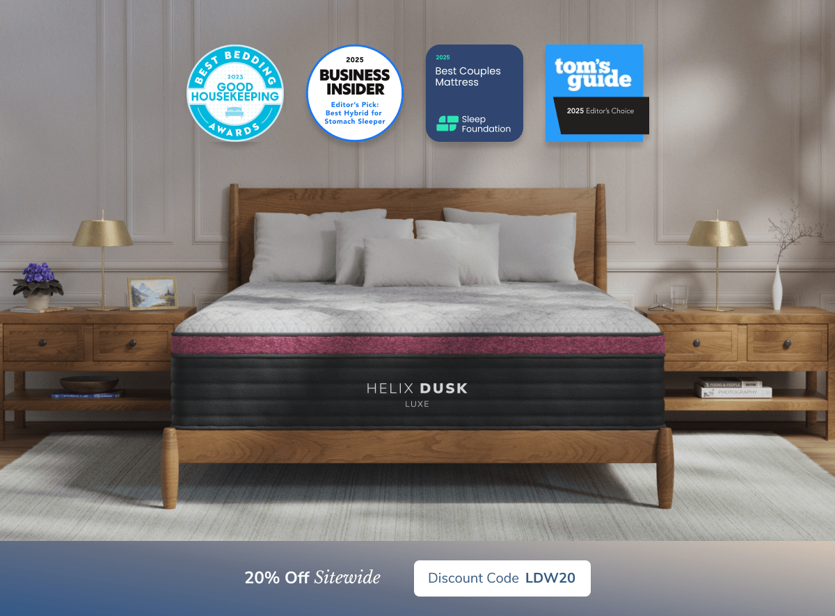A rendered image of the Helix mattress with a callout to save 20% sitewide using code LDW20