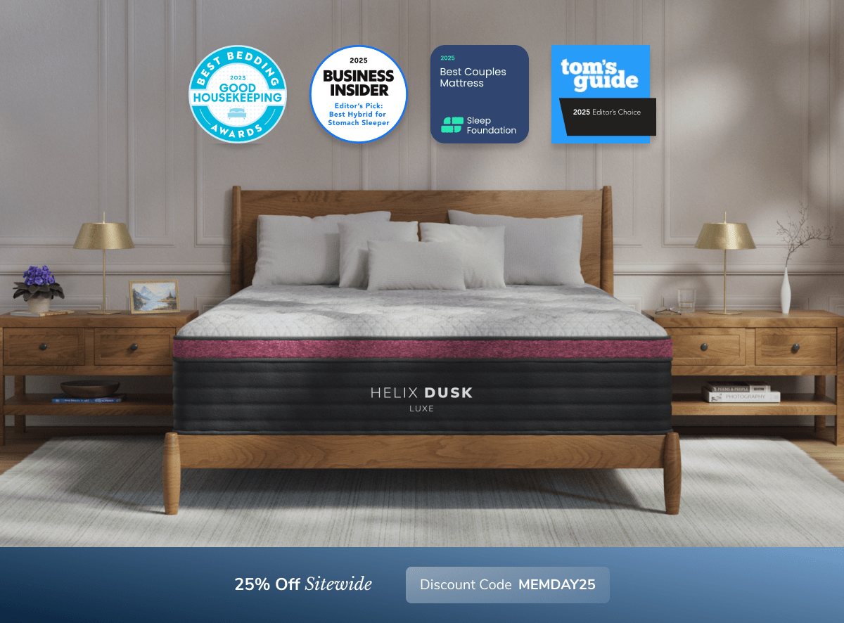 A rendered image showing the Helix Luxe mattress with a callout to save 25% sitewide using code MEMDAY25