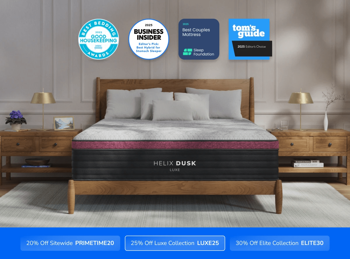 A rendered image of the Helix Luxe mattress with a callout to save 25% on your mattress using code LUXE25