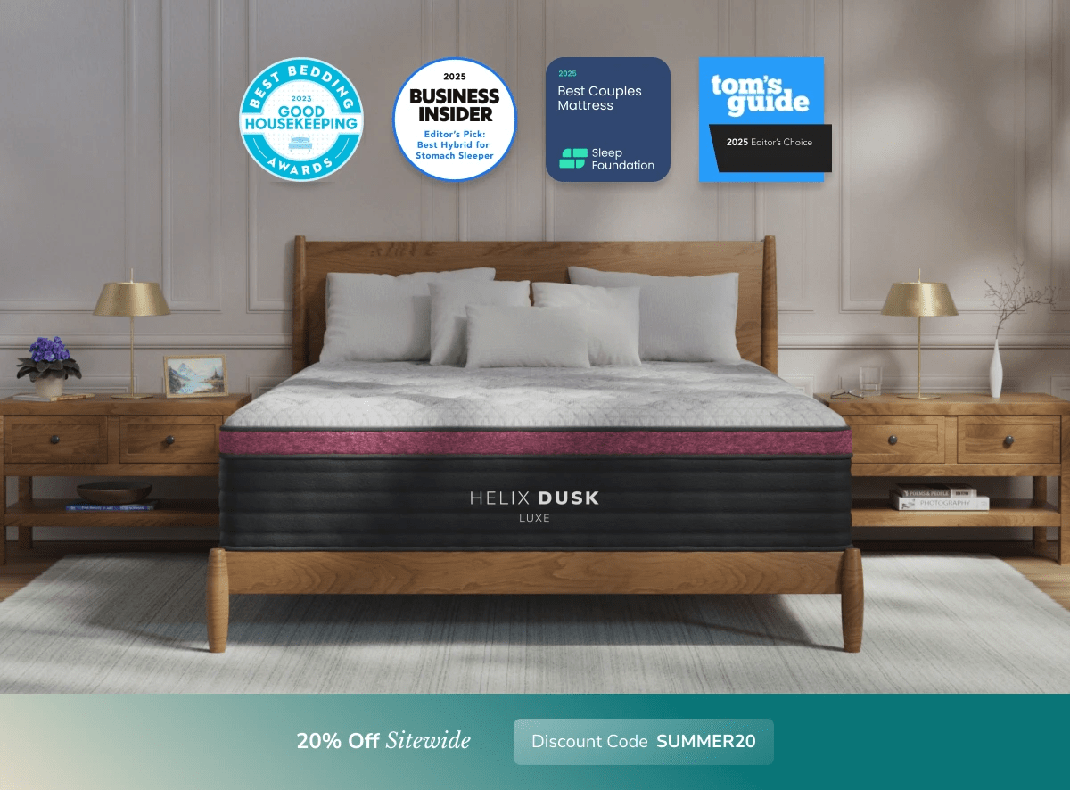 An image of the Helix Luxe mattress in a bedroom scene with a callout to 20% off your order using code SUMMER20