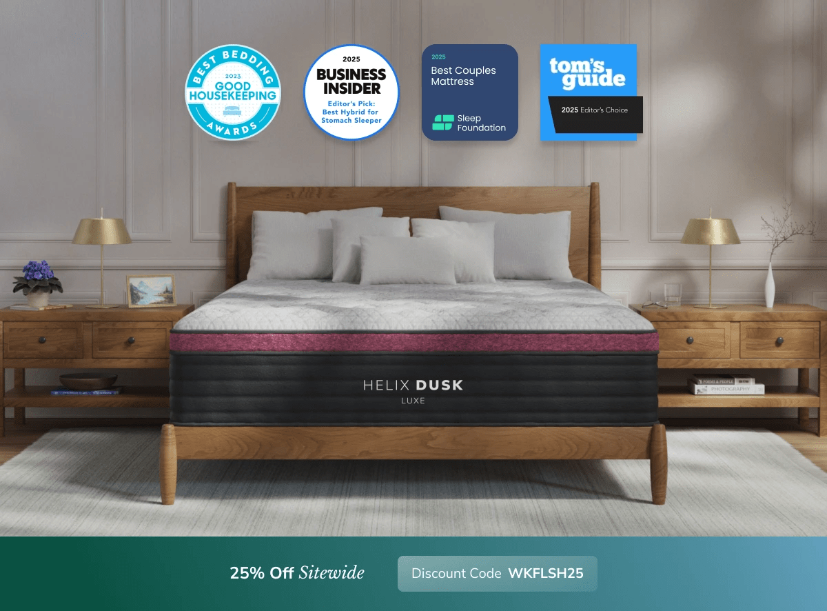 A rendered image of a Helix mattress showing you can get 25% off your order using code WKFLSH