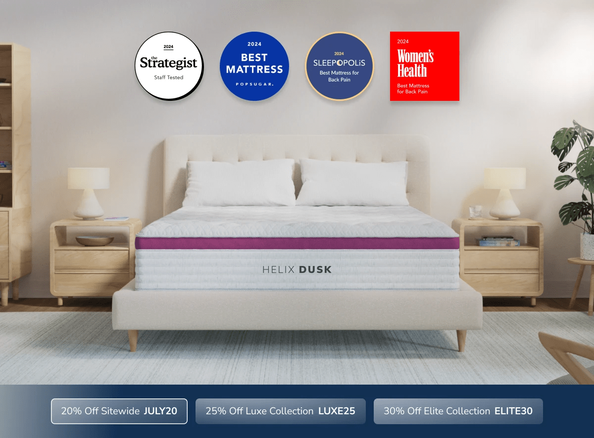 An image of the Helix mattress with a callout to save 20% sitewide using code JULY20