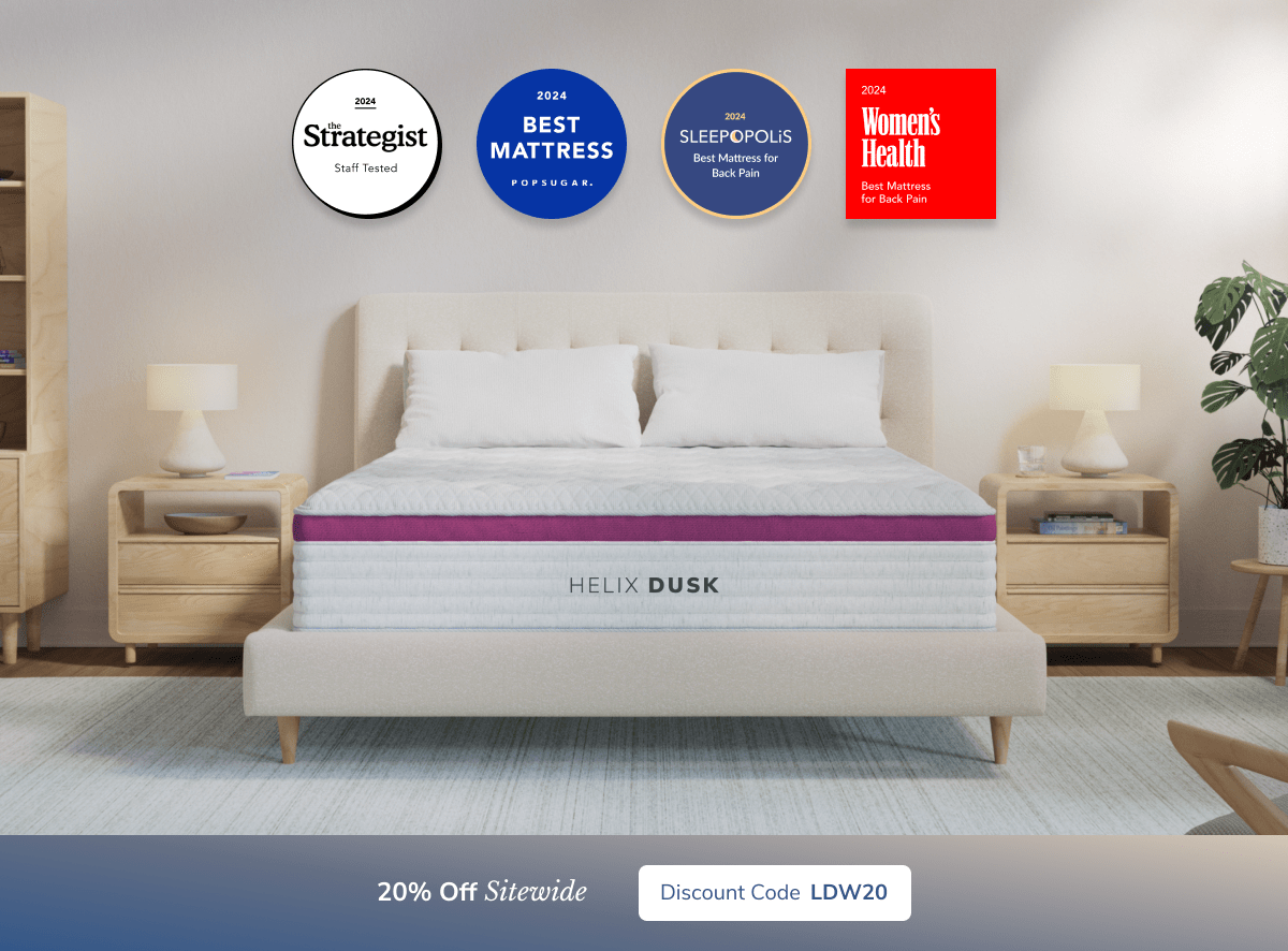 A rendered image of the Helix mattress with a callout to save 20% sitewide using code LDW20