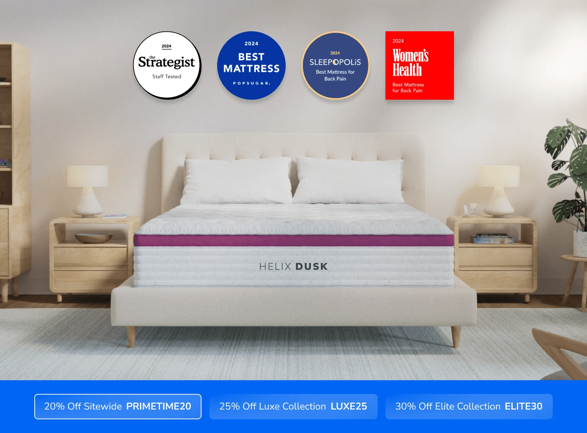 A rendered image of the Helix mattress with a callout to save 20% on your mattress using code PRIMETIME20