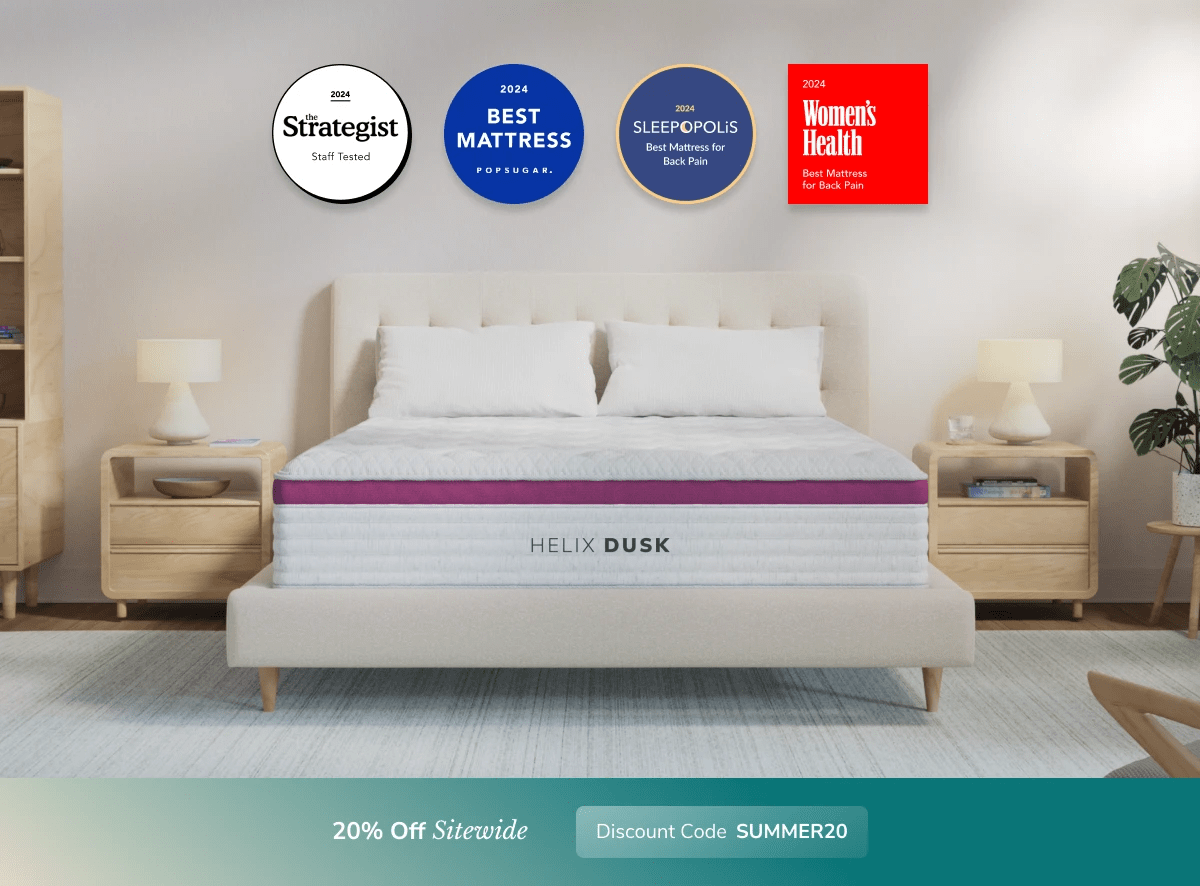 An image of the Helix Luxe mattress in a bedroom scene with a callout to 20% off your order using code SUMMER20