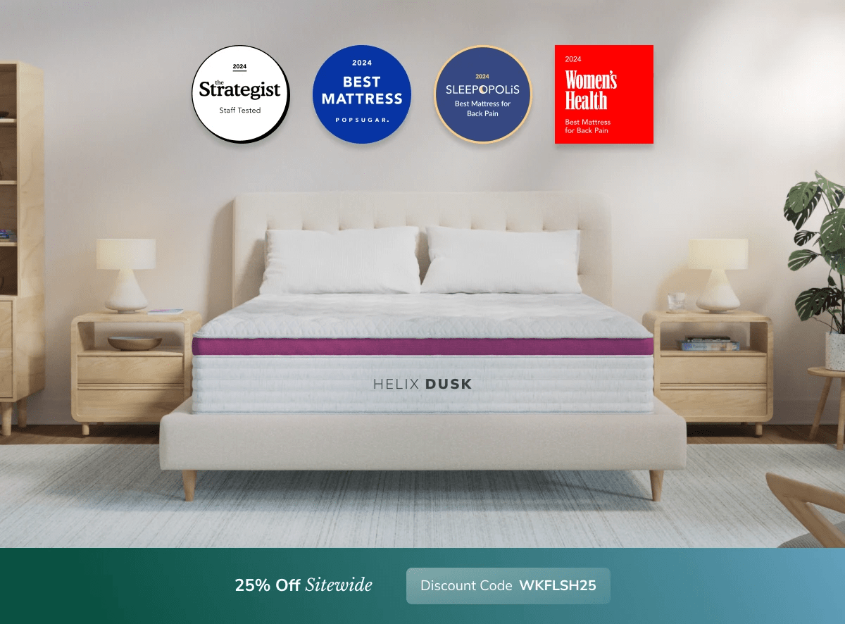 A rendered image of a Helix mattress showing you can get 25% off your order using code WKFLSH25