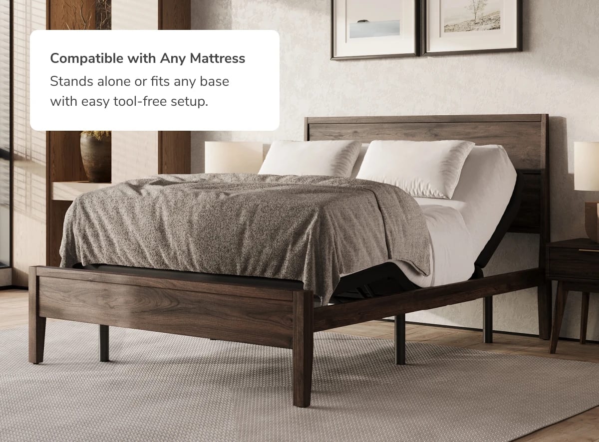 A rendered image showing the Elite Adjustable Base with a callout that it works great with any Helix mattress