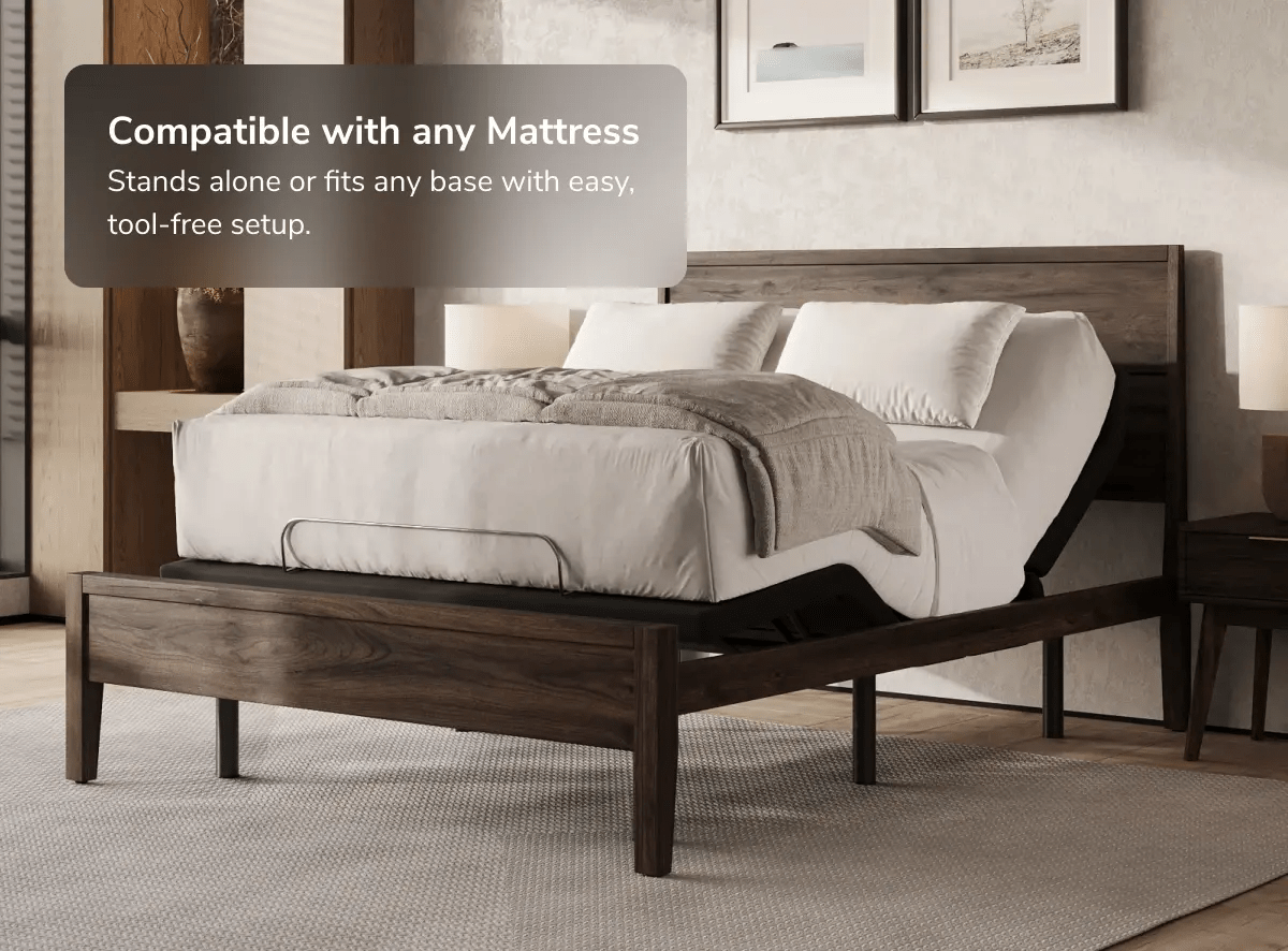 A rendered image showing the Elite Adjustable Base with a callout that it works great with any Helix mattress