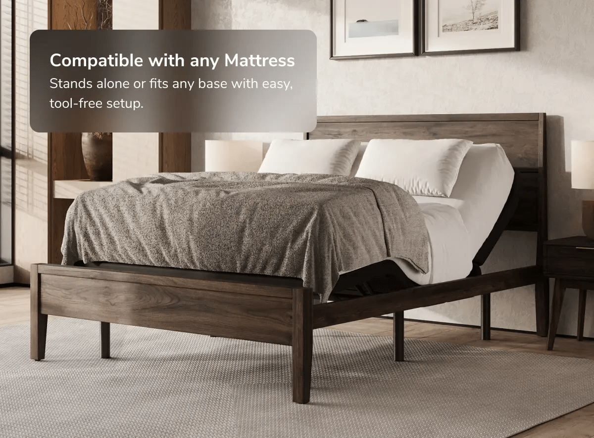 A rendered image showing the Elite Adjustable Base with a callout that it works great with any Helix mattress