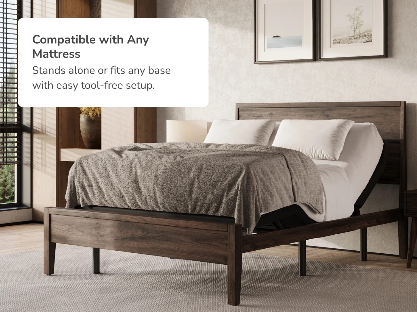 A rendered image of the Elite Adjustable Base with a callout to it being compatible with any Helix mattress