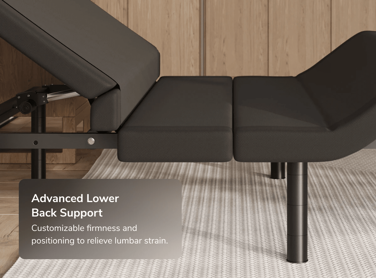 A rendered image showing the Elite Adjustable Base with a callout that it offers advanced lower back support