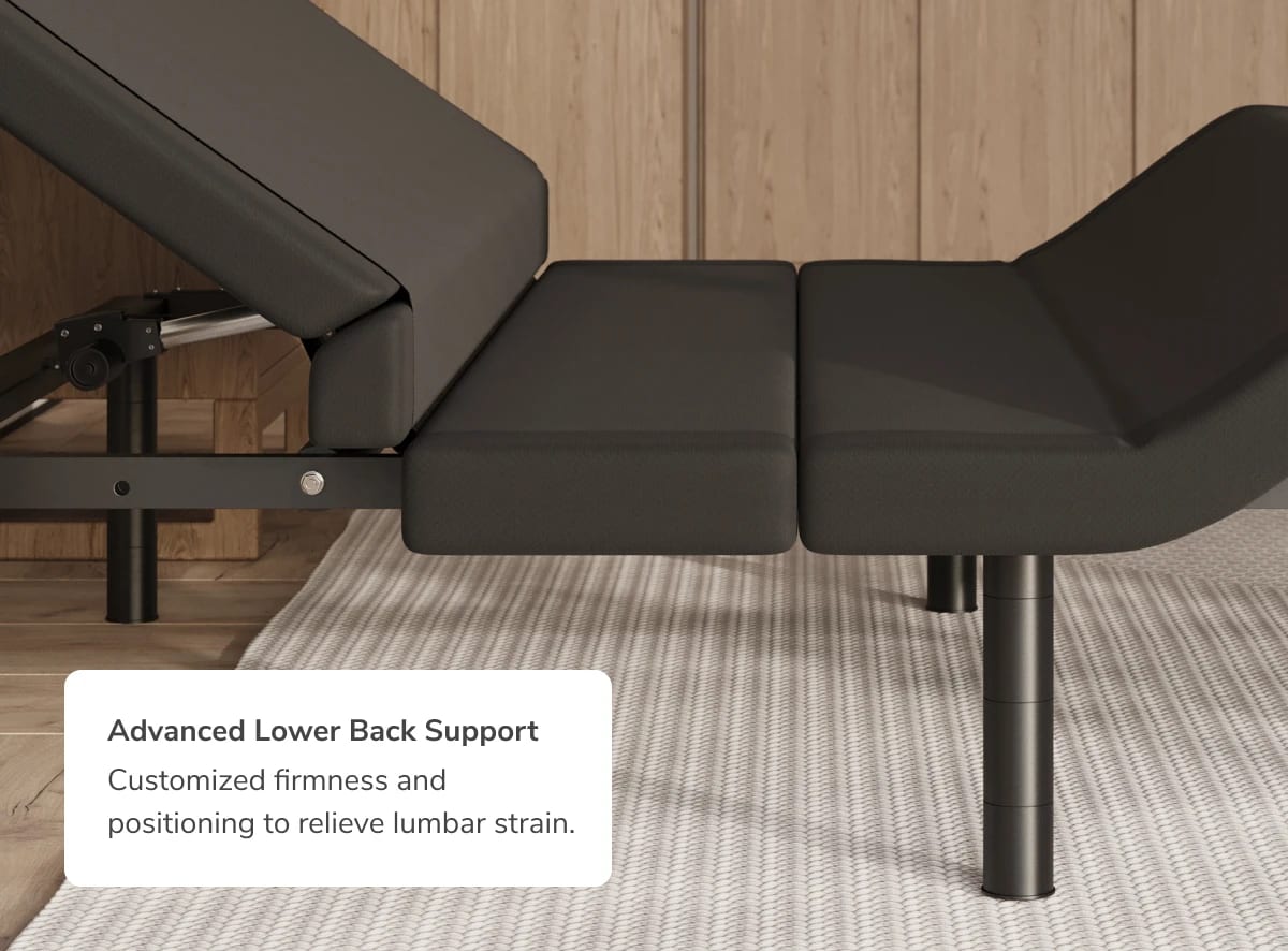 A rendered image showing the Elite Adjustable Base with a callout that it offers advanced lower back support