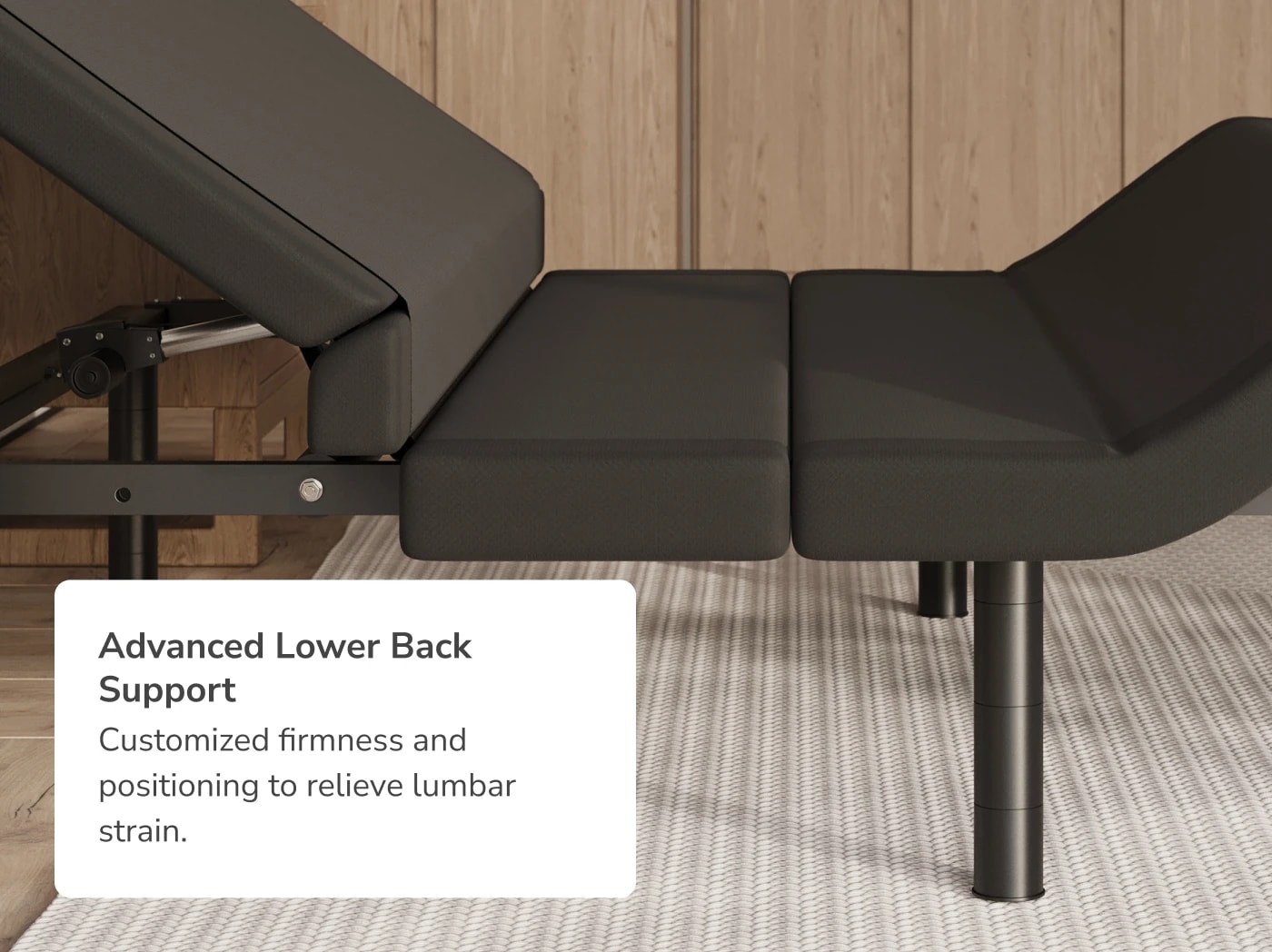 A closeup image of the Elite Adjustable Base with a callout to its advanced lumbar support
