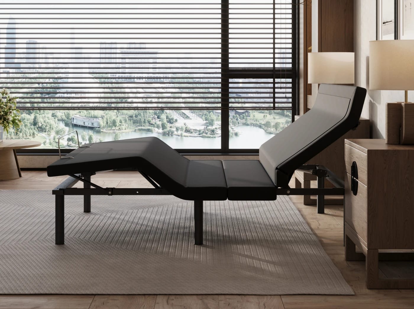 A rendered image of the Elite Adjustable Base in a bedroom scene