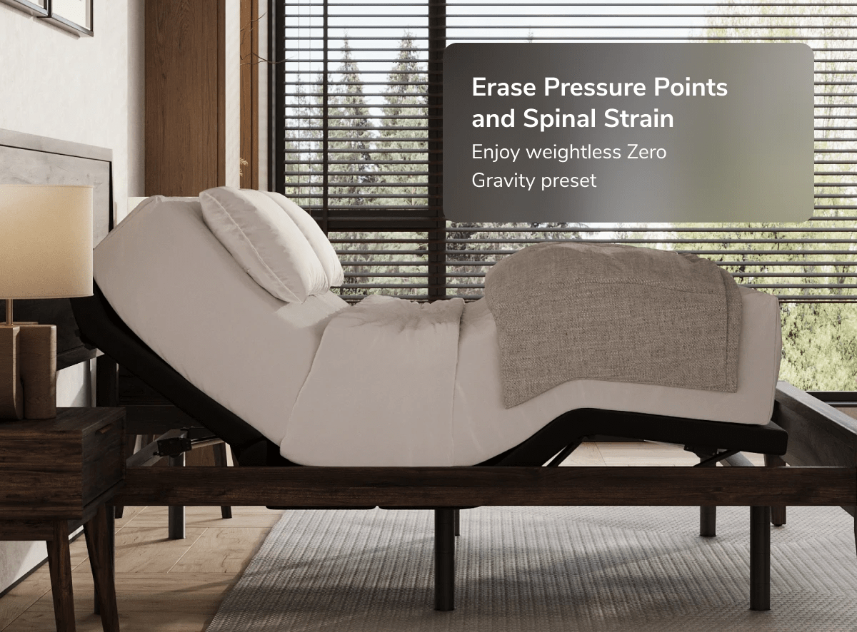 A rendered image showing the Elite Adjustable Base with a callout that it can erase pressure points and spinal strain