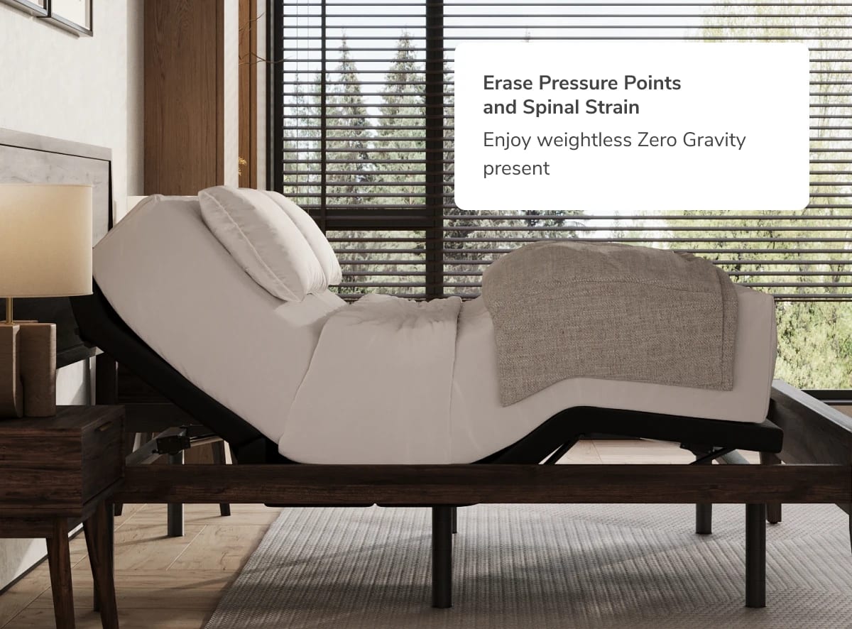 A rendered image showing the Elite Adjustable Base with a callout that it can erase pressure points and spinal strain