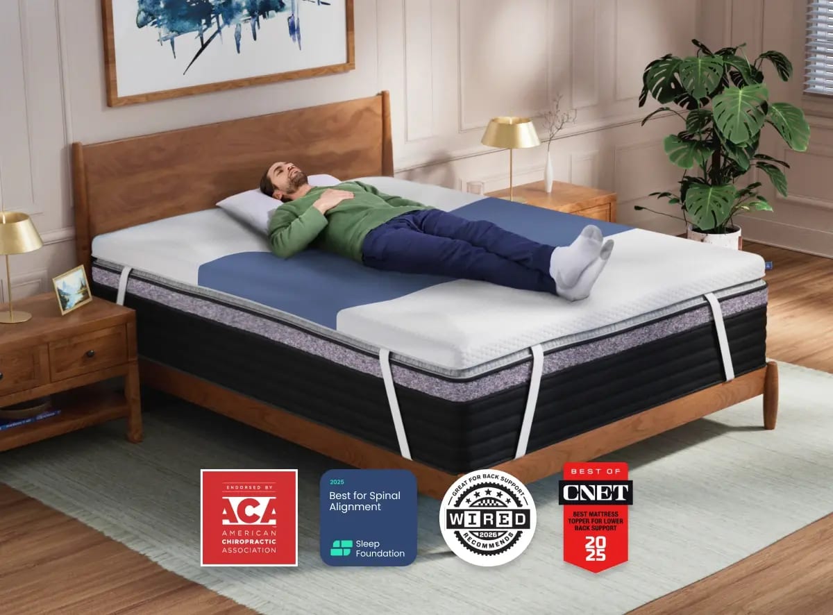 A rendered image of the ErgoAlign Mattress Topper with its badges and awards featured across the bottom