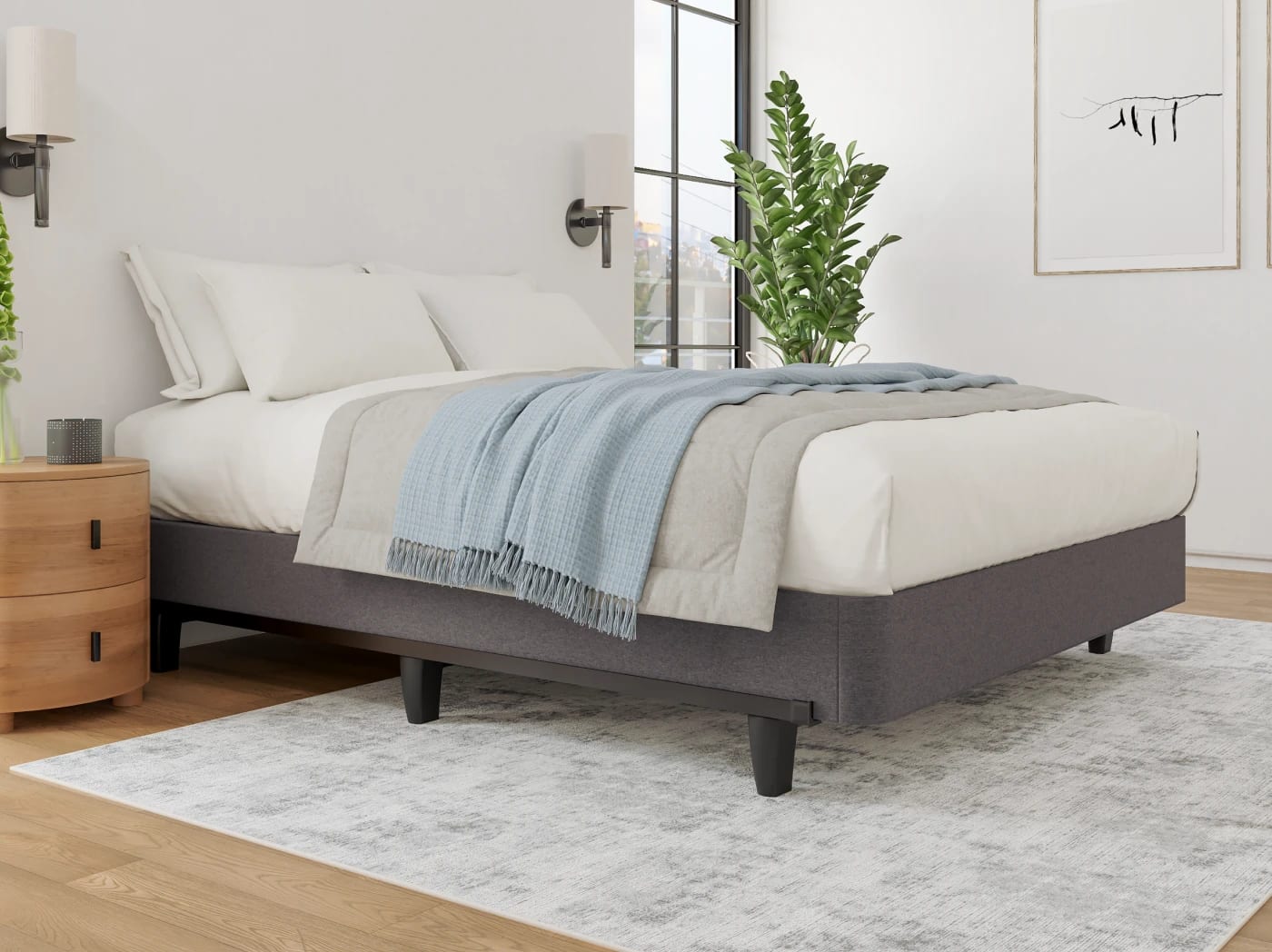 A rendered image of the Charcoal Helix Foundation in a bedroom scene