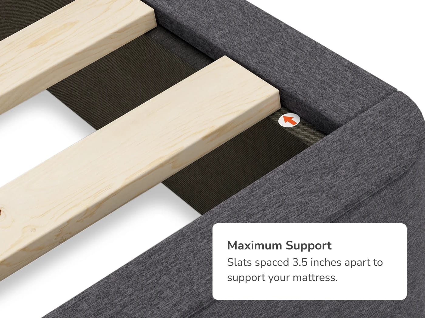 A closeup of the Helix Foundation with a callout to its maximum support with 3.5 inches between each slat