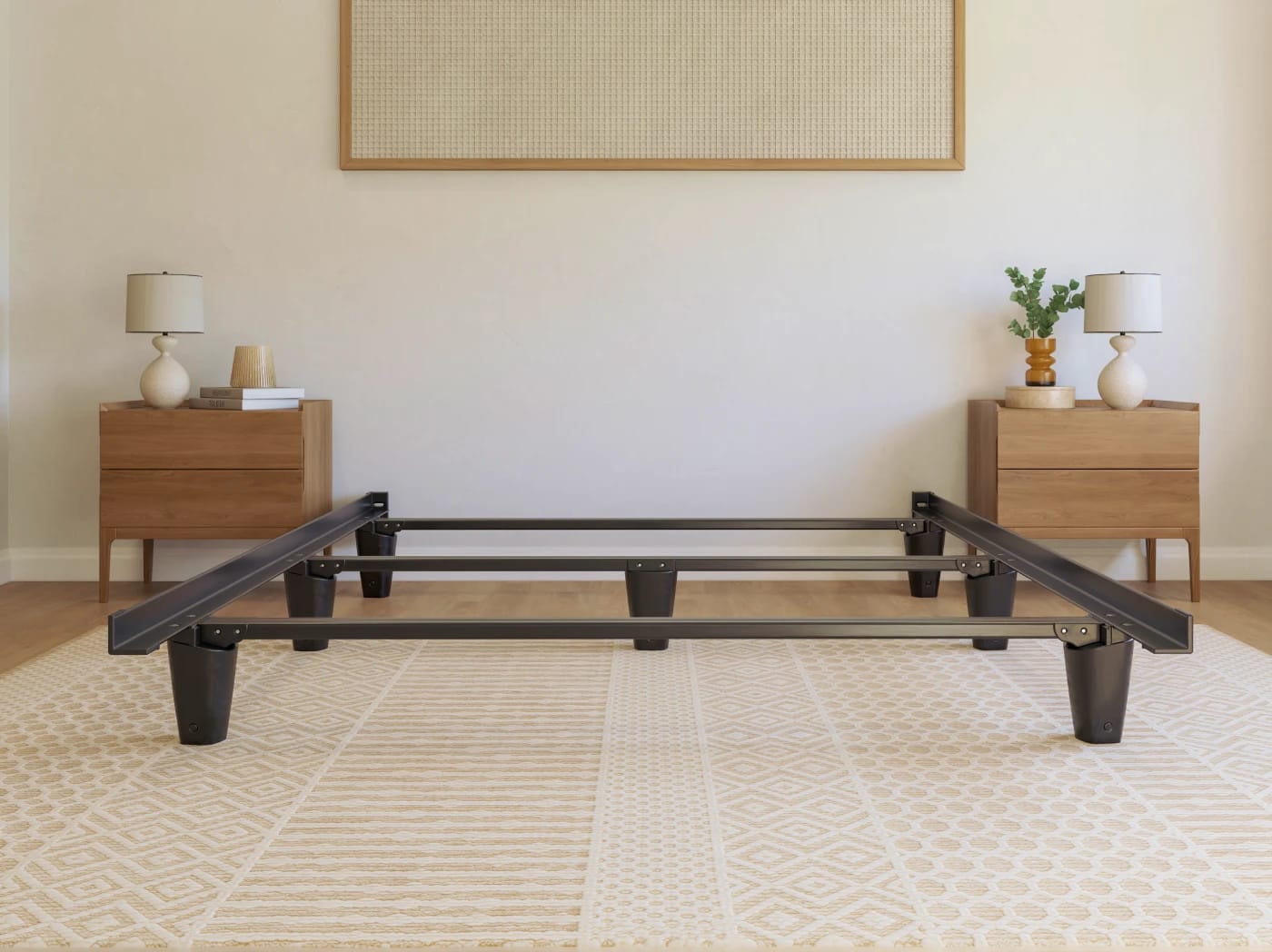 A rendered image of the Helix bed frame in a bedroom scene