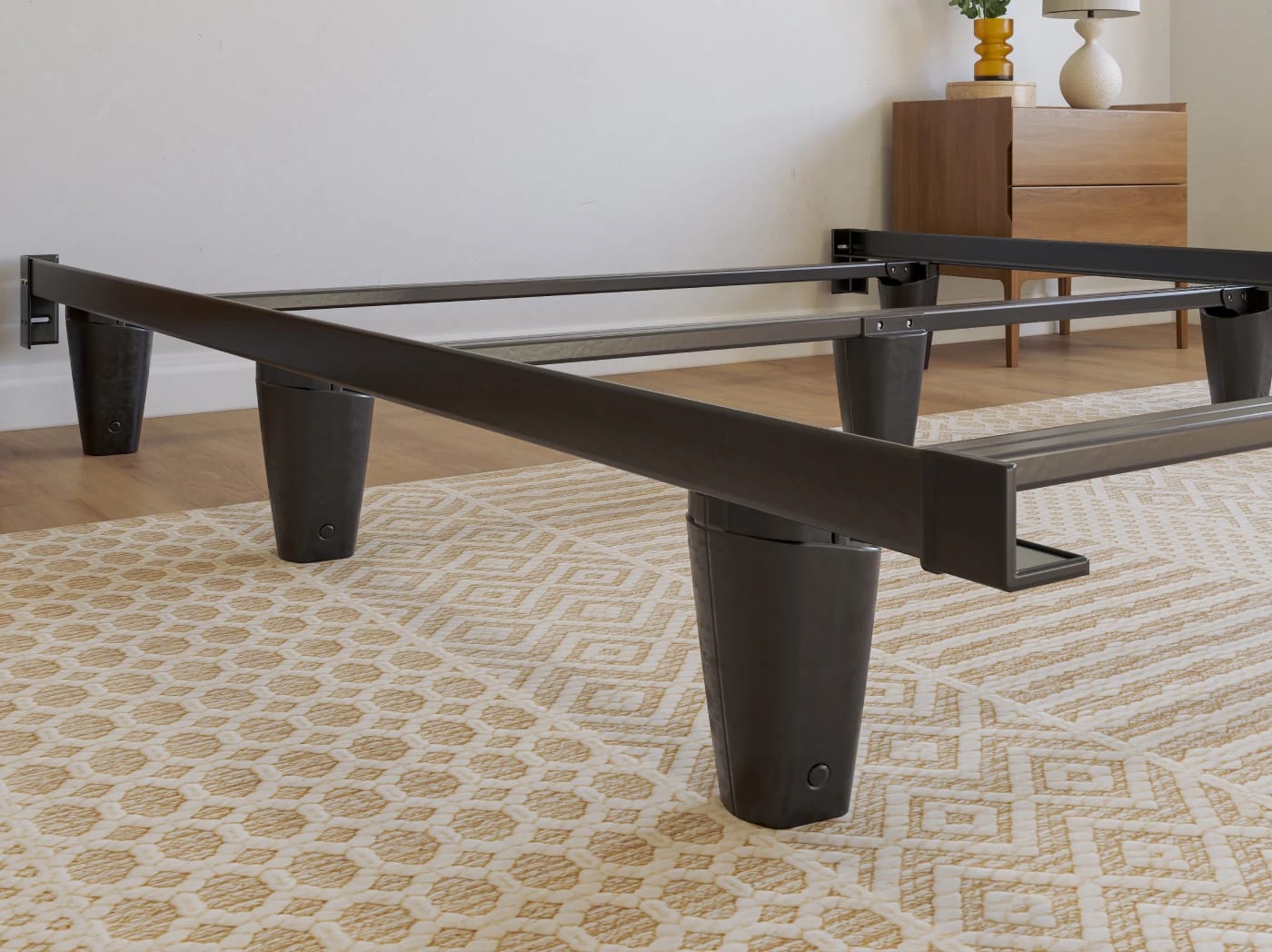 A rendered image of the Helix bed frame in a bedroom scene