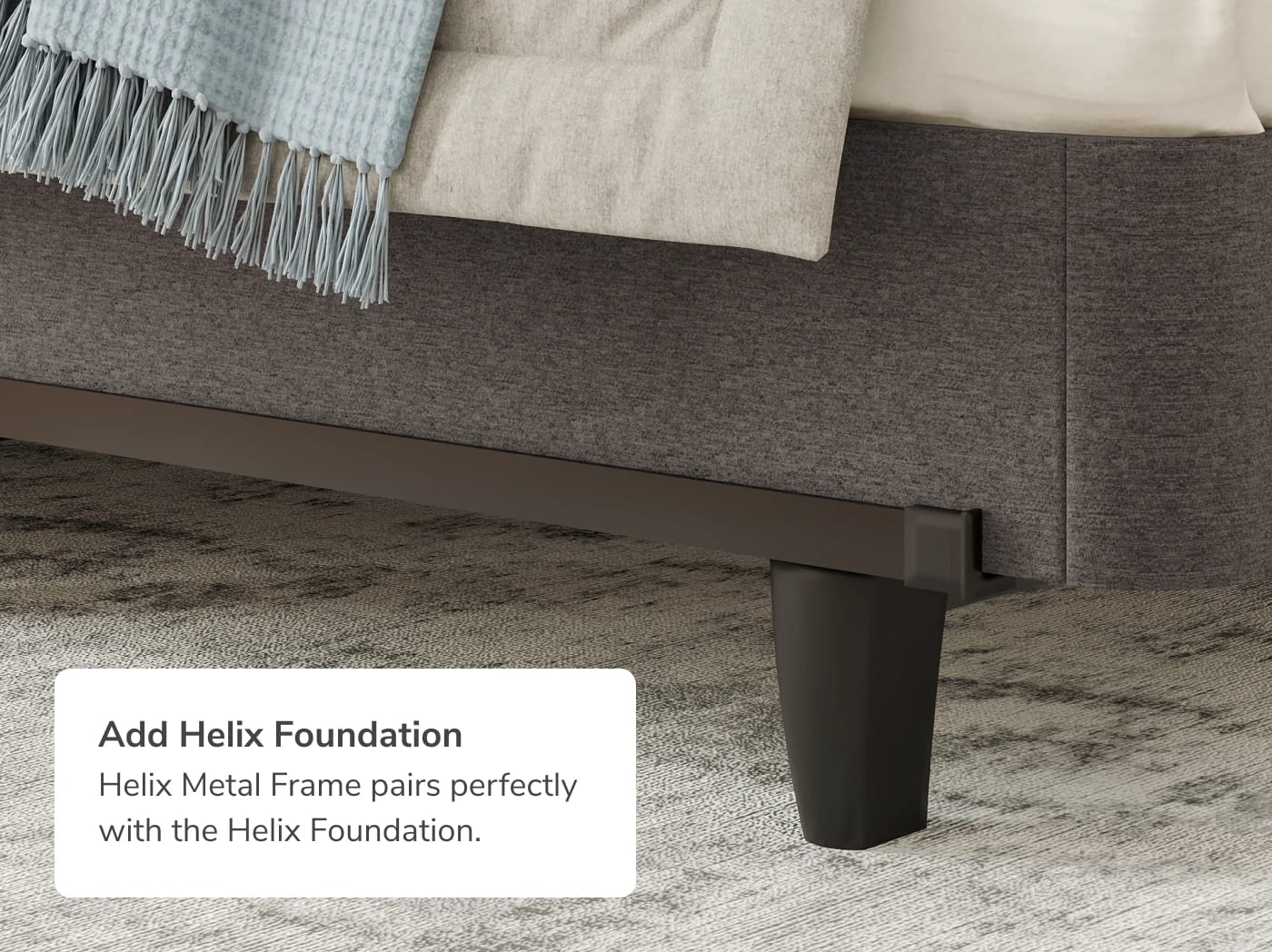 A rendered image of the Helix bed frame with a callout that the frame works great with a Helix Foundation