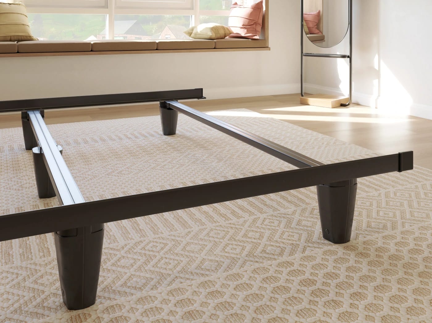 A rendered image of the Helix bed frame in a bedroom scene