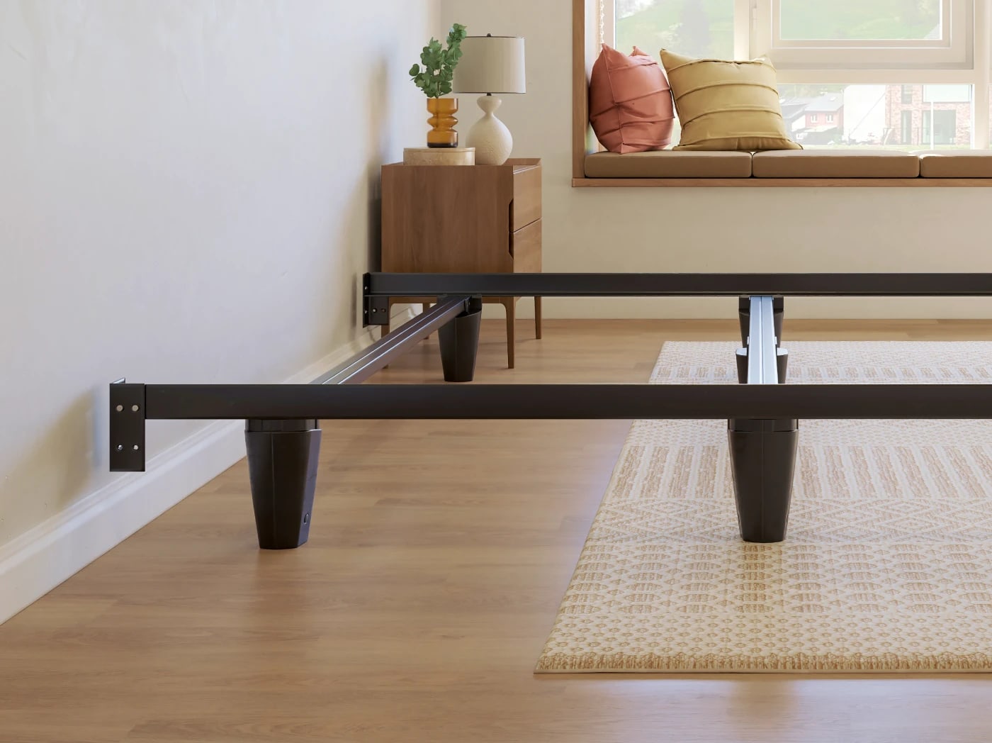 A rendered image of the Helix bed frame in a bedroom scene