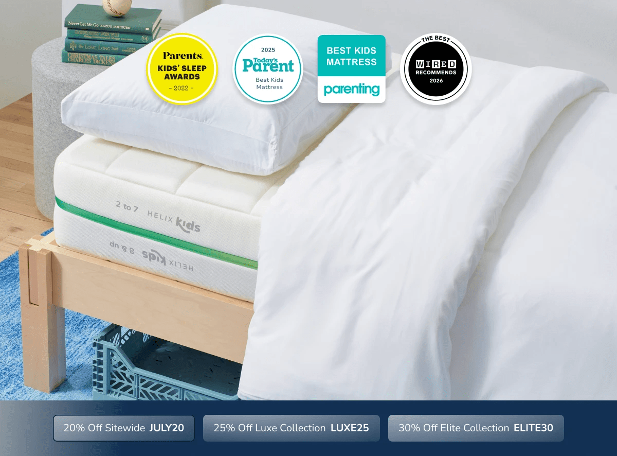 An image of the Helix Kids mattress with a callout to save 20% sitewide using code JULY20
