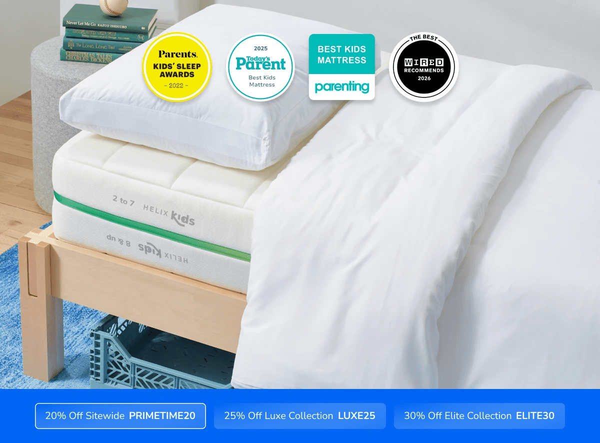 A rendered image of the Helix Kids mattress with a callout to save 20% on your mattress using code PRIMETIME20