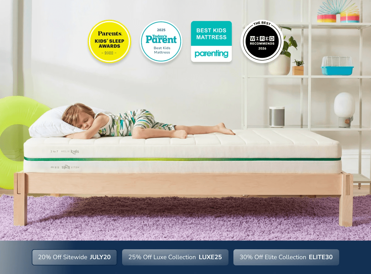 An image of the Helix Kids mattress with a callout to save 20% sitewide using code JULY20