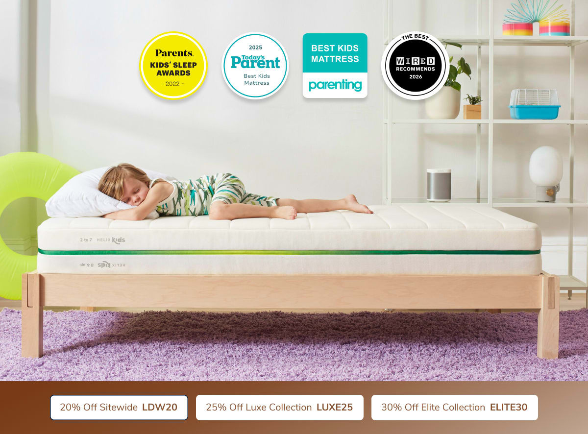 A rendered image of the Helix Kids mattress with a callout to save 20% sitewide with code LDW20
