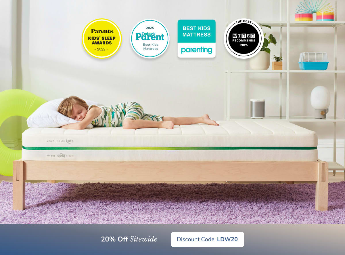 A rendered image of the Helix Kids mattress with a callout to save 20% sitewide using code LDW20
