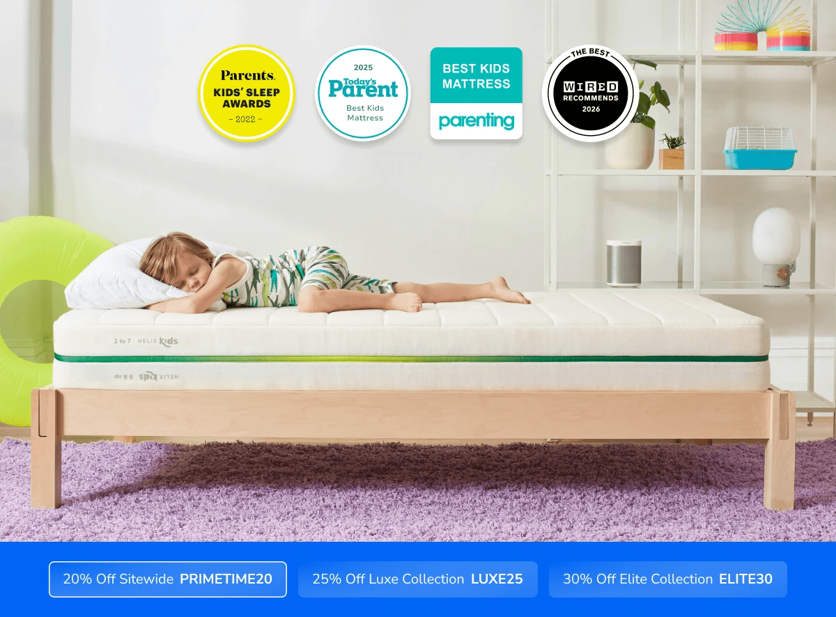 A rendered image of the Helix Kids mattress with a callout to save 20% on your mattress using code PRIMETIME20