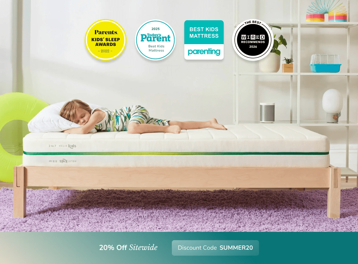 An image of the Helix Luxe mattress in a bedroom scene with a callout to 20% off your order using code SUMMER20