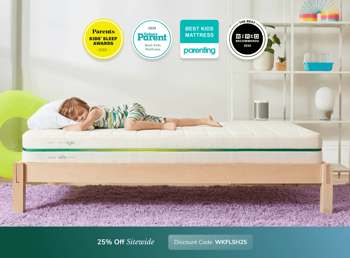 A rendered image of the Helix Kids with a callout to save 25% sitewide with code WKFLSH25