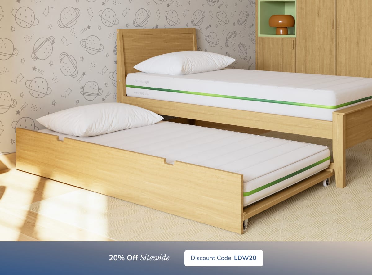 A rendered image of the Helix Trundle mattress with a callout to save 20% sitewide using code LDW20