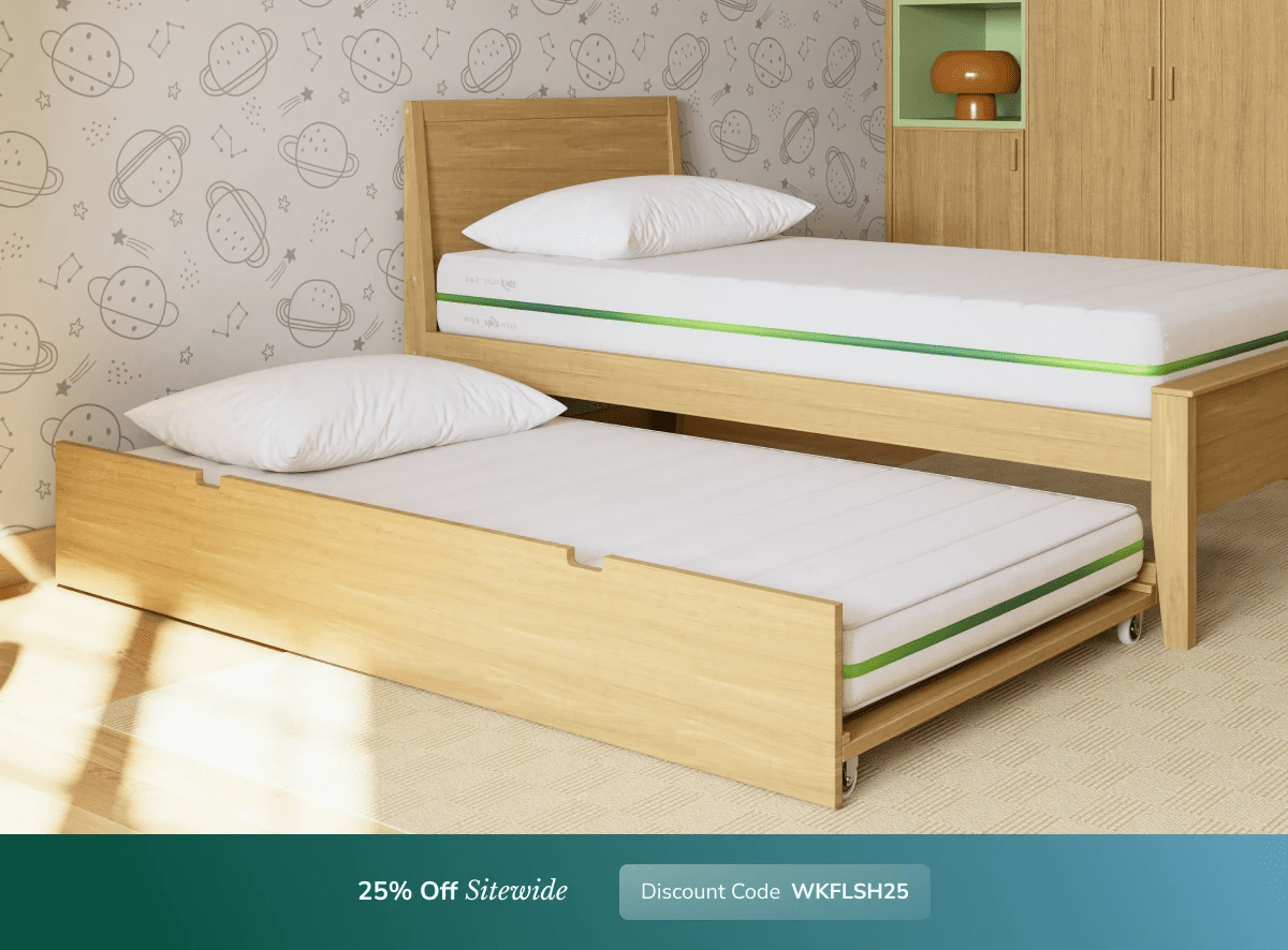 A rendered image of the Helix Trundle Mattress with a callout to save 25% sitewide with code WKFLSH25