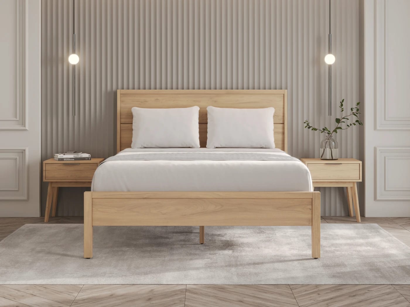 A rendered image of the Ludlow Bed Frame in a bedroom scene