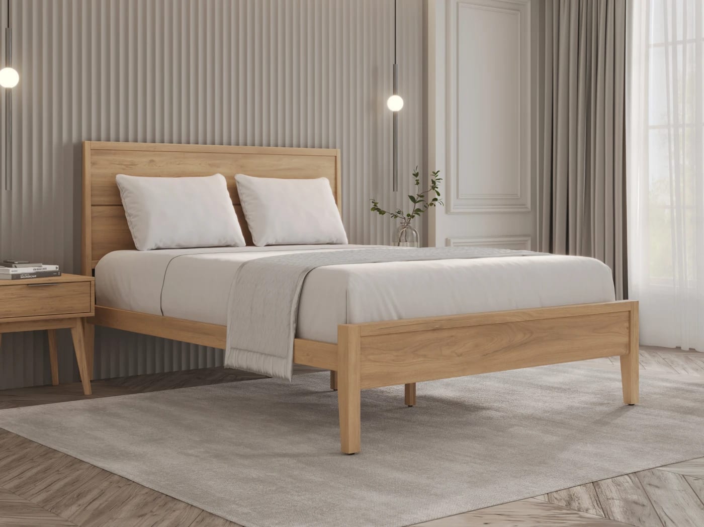 A rendered image of the Ludlow Bed Frame in a bedroom scene