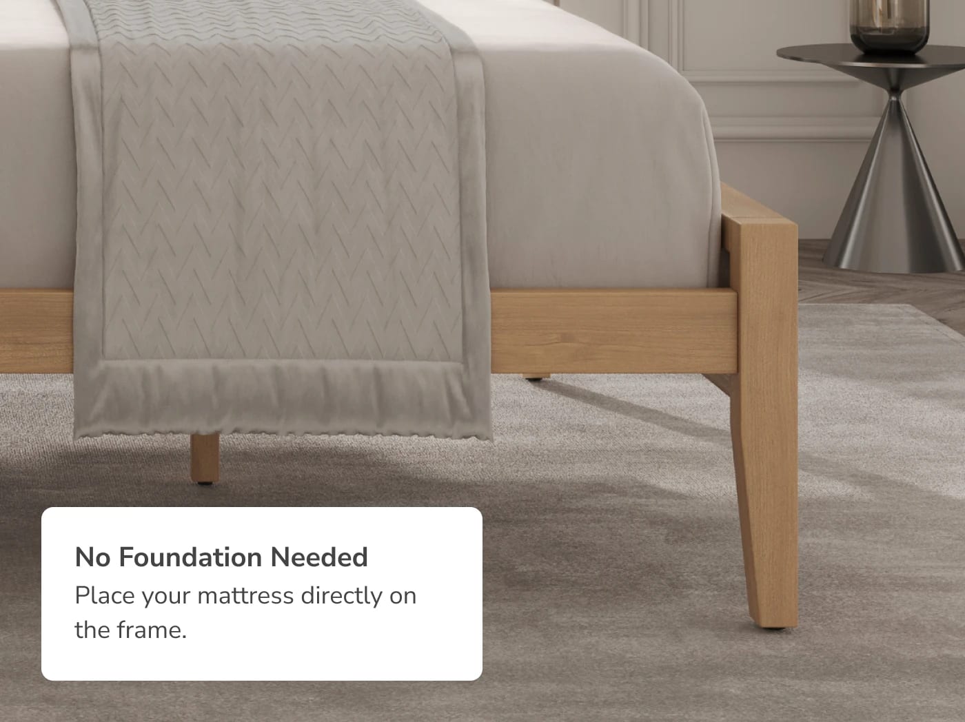 A closeup image of the Ludlow Bed Frame with a callout that no foundation is needed