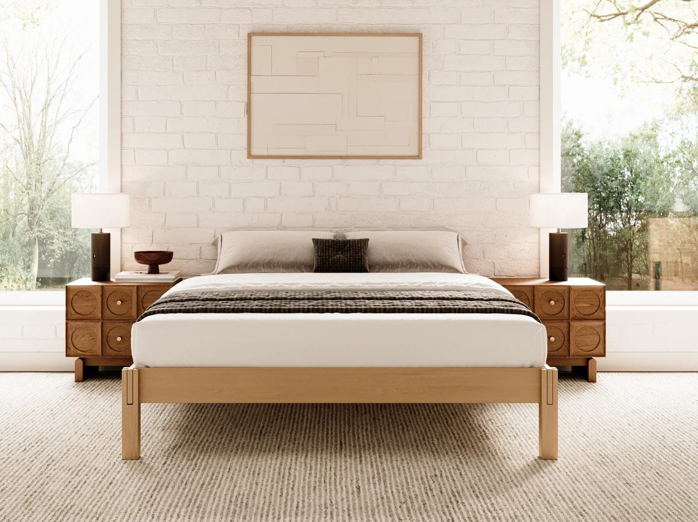 A rendered image of the Madison Bed Frame in white in a bedroom scene