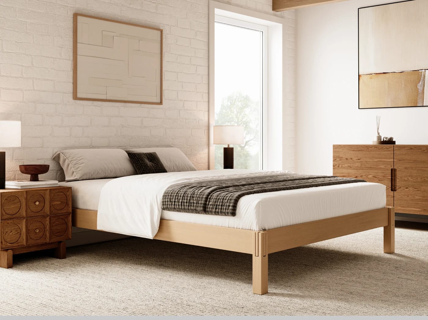 A rendered image of the Madison Bed Frame in Natural in a bedroom scene